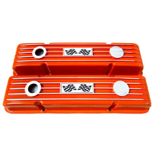 Load image into Gallery viewer, Small Block Chevy Valve Covers, Flag Logo, Finned - Orange