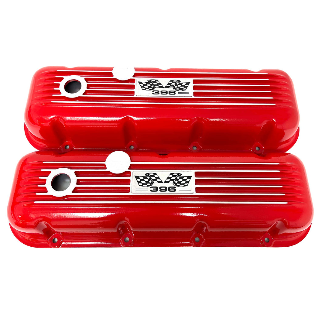 Big Block Chevy 396 Flag Logo, Classic Finned Valve Covers - Red