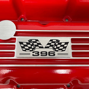 Big Block Chevy 396 Flag Logo, Classic Finned Valve Covers - Red