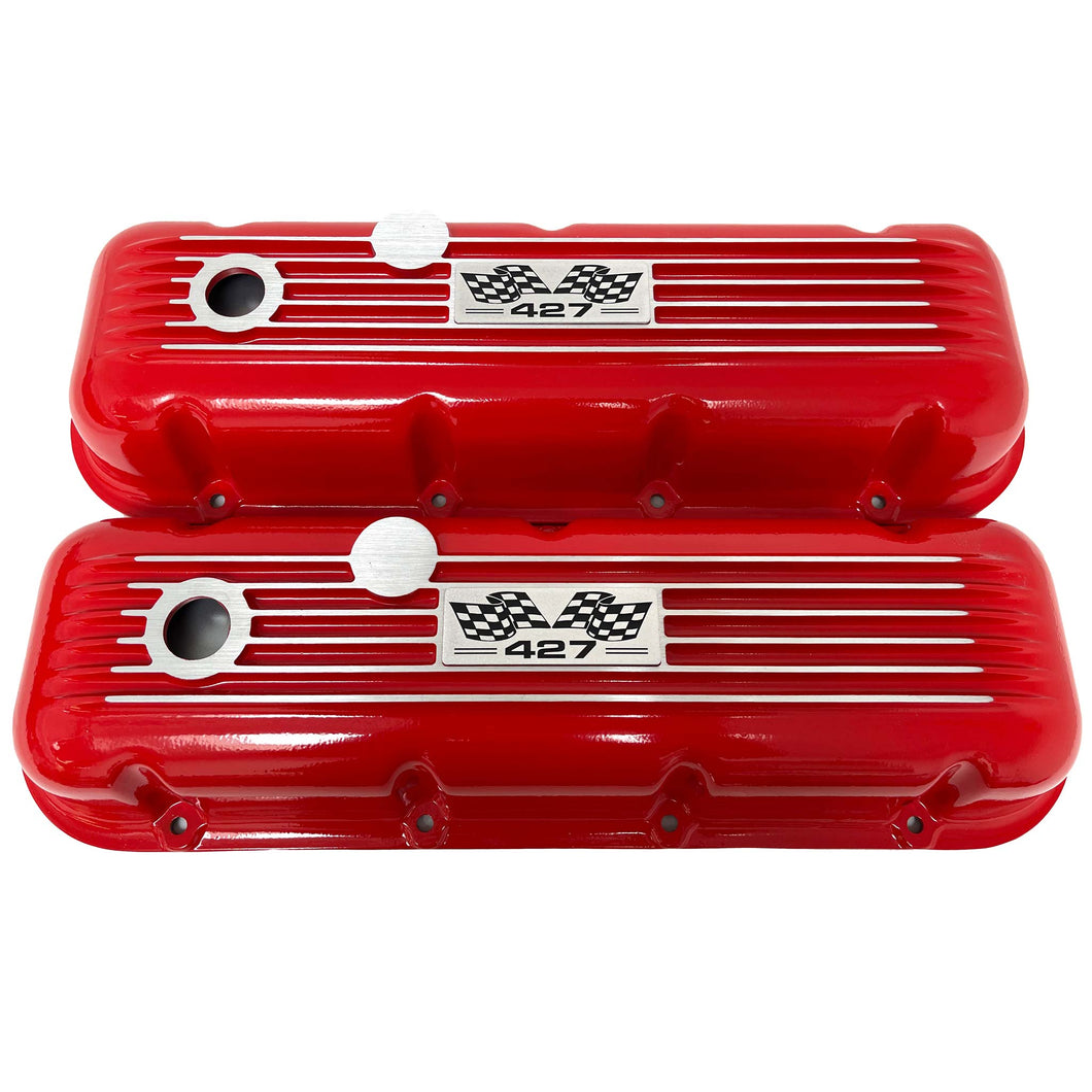 Big Block Chevy 427 Flag Logo, Classic Finned Valve Covers - Red