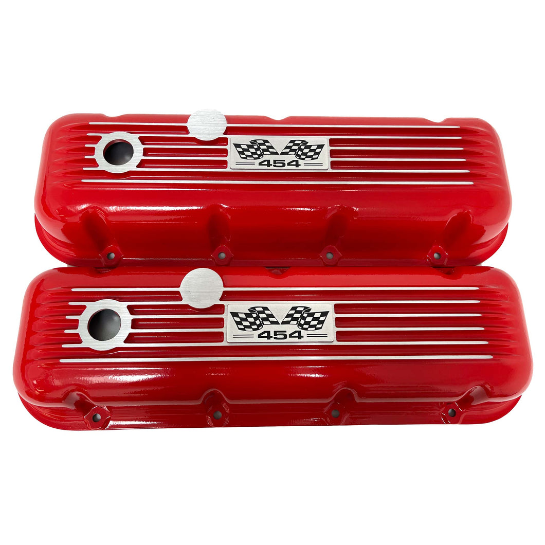 Big Block Chevy 454 Flag Logo, Classic Finned Valve Covers - Red