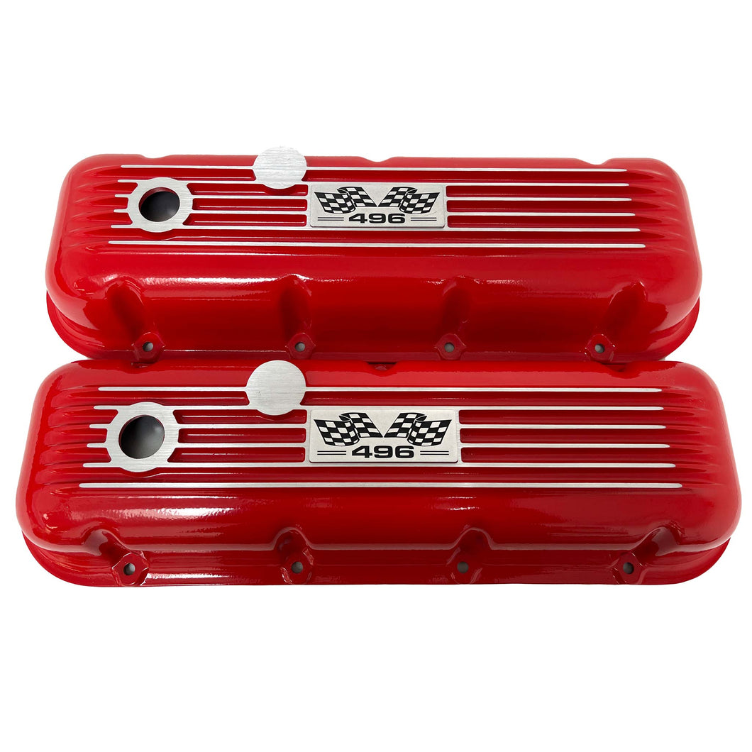 Big Block Chevy 496 Flag Logo, Classic Finned Valve Covers - Red