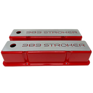 383 Stroker Small Block Chevy Tall Valve Covers, Custom Billet Top - Red