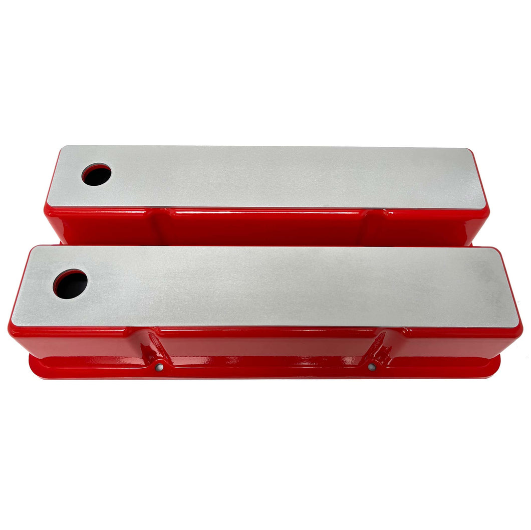 Small Block Chevy Tall Valve Covers, Custom Engravable Billet Top - Red