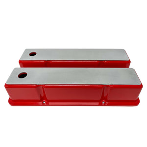 Small Block Chevy Tall Valve Covers, Custom Engravable Billet Top - Red