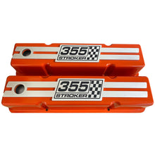 Load image into Gallery viewer, 355 Stroker Small Block Chevy Tall Valve Covers, Custom Engraved Billet - Orange