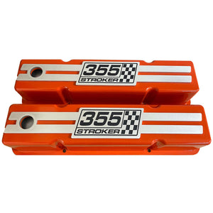 355 Stroker Small Block Chevy Tall Valve Covers, Custom Engraved Billet - Orange