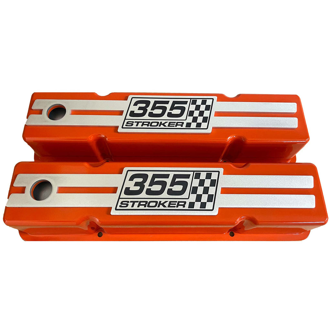 355 Stroker Small Block Chevy Tall Valve Covers, Custom Engraved Billet - Orange