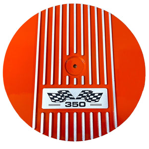Small Block Chevy 350 Finned Valve Covers & 13" Round Air Cleaner Kit - Orange
