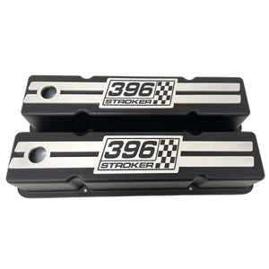 396 Stroker Small Block Chevy Tall Valve Covers, Custom Engraved Billet - Black