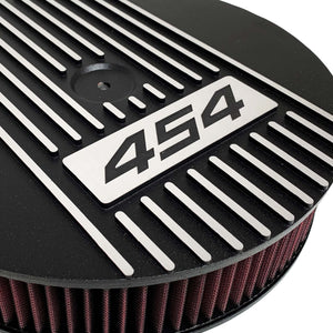 ansen custom engraving, 13 inch round air cleaner lid, big block chevy 454, black, angled view