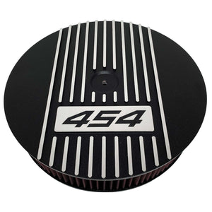 ansen custom engraving, 13 inch round air cleaner lid, big block chevy 454, black, front view