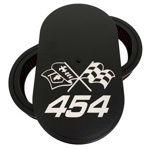 ansen custom engraving, chevy 454 racing flags, 15 inch air cleaner lid kit, black, front view