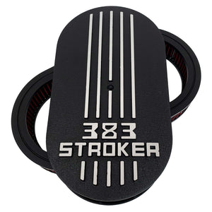 383 stroker air cleaner lid kit, raised logo, black, front view