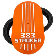 Load image into Gallery viewer, 383 stroker air cleaner lid kit, raised logo, orange, front view
