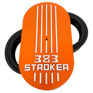 383 stroker air cleaner lid kit, raised logo, orange, front view