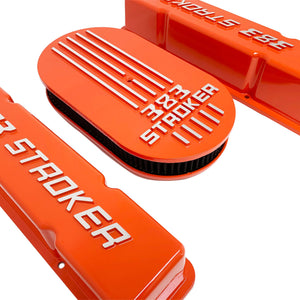 383 stroker valve covers and air cleaner lid kit, raised logo, orange, left side view
