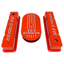 Load image into Gallery viewer, 383 stroker valve covers and air cleaner lid kit, raised logo, orange, front view