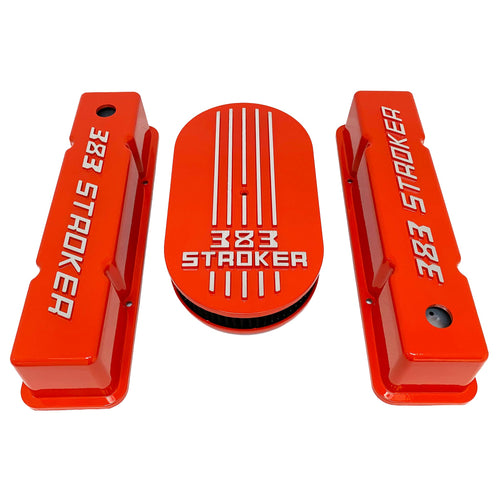 383 stroker valve covers and air cleaner lid kit, raised logo, orange, front view