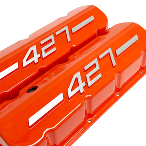 ansen usa, big block chevy 427 valve covers orange, angled view