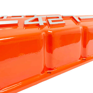 ansen usa, big block chevy 427 valve covers orange, close up view