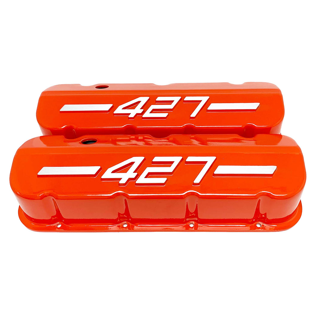 ansen usa, big block chevy 427 valve covers orange, front view