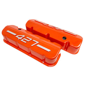 ansen usa, big block chevy 427 valve covers orange, top profile view