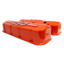 Load image into Gallery viewer, ansen big block chevy 454 valve covers, raised letter, orange, side profile view