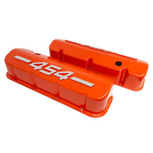 Load image into Gallery viewer, ansen big block chevy 454 valve covers, raised letter, orange, angled top view