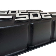 Load image into Gallery viewer, ansen big block chevy 502 valve covers, raised logo, black, close up view