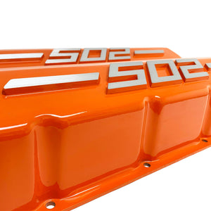 ansen usa, big block chevy 502 valve covers, orange, close up view