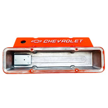 Load image into Gallery viewer, small block chevy bowtie logo tall valve covers, orange, ansen usa, underside view