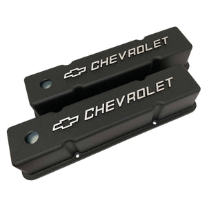 small block chevy bowtie logo tall valve covers, black, ansen usa, angled view