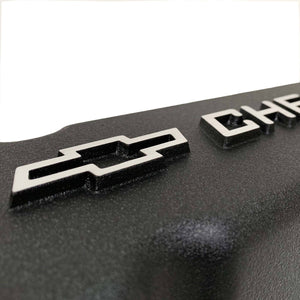 small block chevy bowtie logo tall valve covers, black, ansen usa, close up view