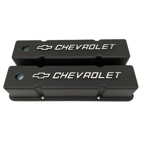 small block chevy bowtie logo tall valve covers, black, ansen usa, front view