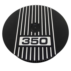 ansen custom engraving, 13 inch round small block chevy 350 air cleaner lid, black, front view