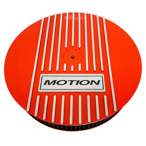 ansen custom engraving, baldwin motion 13 inch air cleaner lid kit, orange, front view