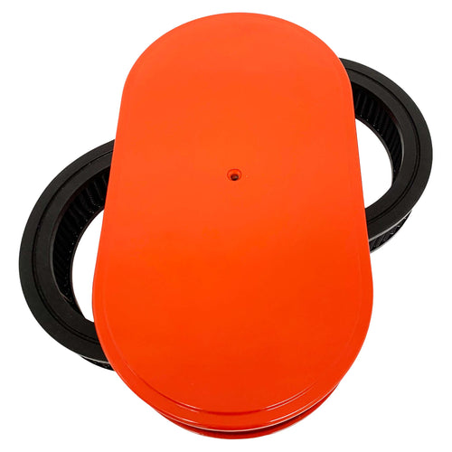 ansen custom engraving, 15 inch oval custom air cleaner lid, orange, front view