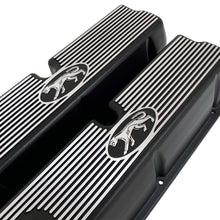 Load image into Gallery viewer, ansen custom engraving, ford 289, 302, 351w valve covers, cougar style, black, angled view