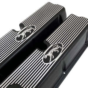 ansen custom engraving, ford 289, 302, 351w valve covers, cougar style, black, angled view