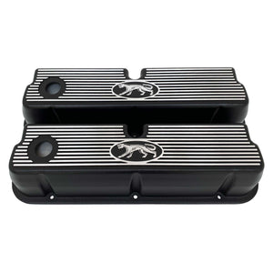 ansen custom engraving, ford 289, 302, 351w valve covers, cougar style, black, front view