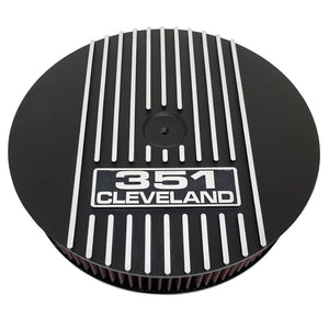 ansen custom engraving, ford 351 cleveland black background air cleaner kit, 13 inch round, black, front view