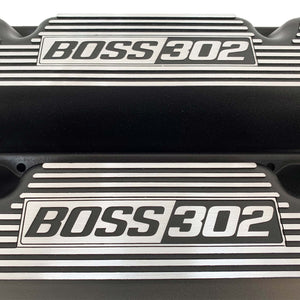 ansen custom engraving, ford boss 302 valve covers, black, close up view