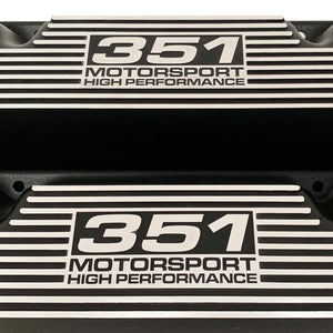 ansen custom engraving, ford 351 cleveland, motorsport high performance logo, black, close up view