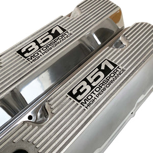 ansen custom engraving, ford 351 cleveland valve covers, motorsport high performance logo, polished, angled view