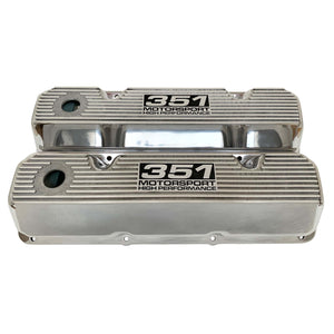 ansen custom engraving, ford 351 cleveland valve covers, motorsport high performance logo, polished, front view