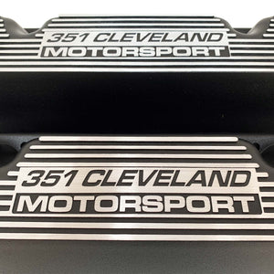 ansen custom engraving, ford 351 motorsport valve covers, black, close up view