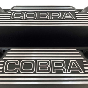 ansen custom engraving, ford cobra valve covers, black, close up view