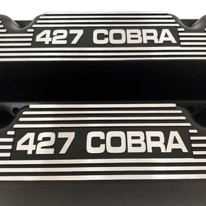 ansen custom engraving, ford 427 cobra valve covers, black, close up view