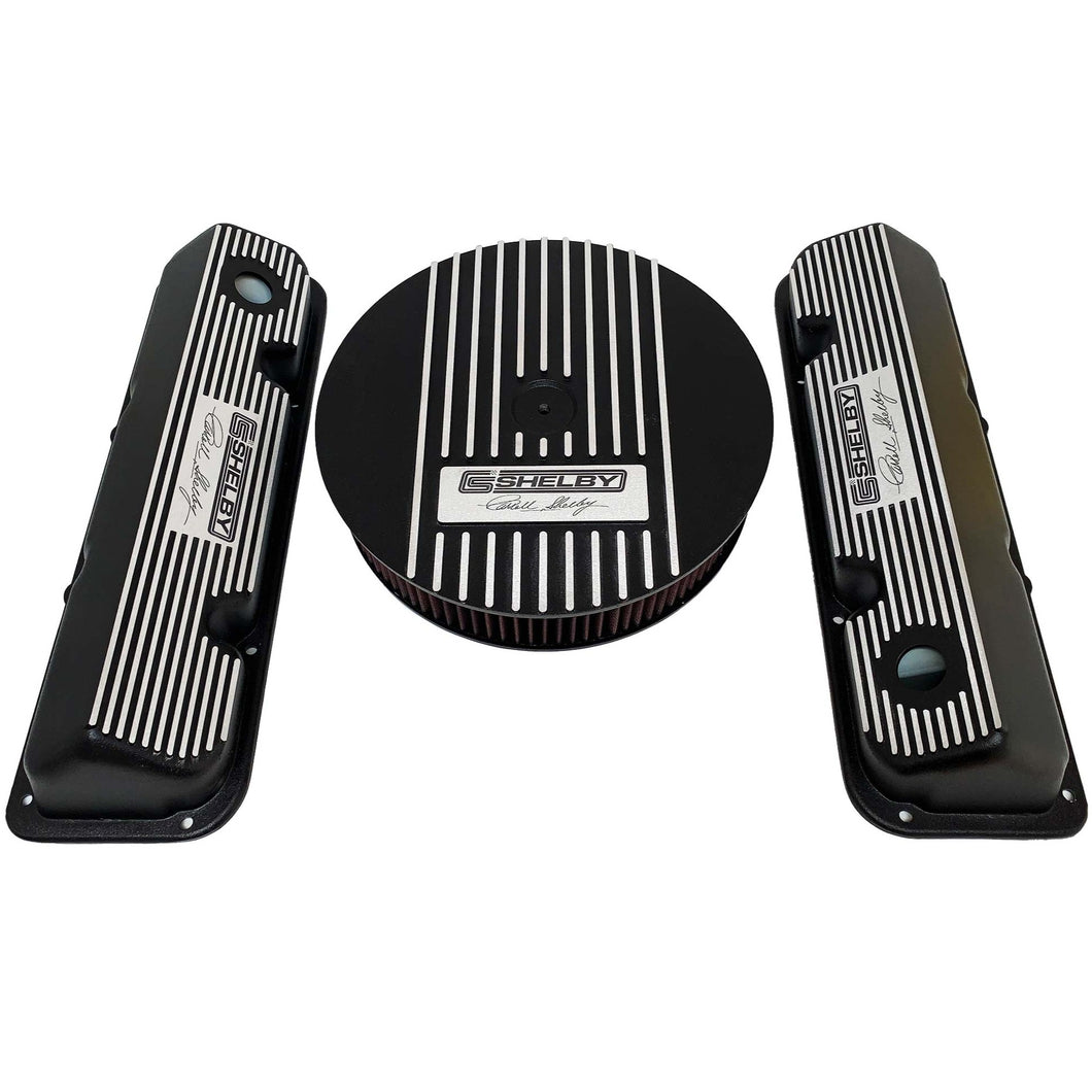 ansen custom engraving, ford carroll shelby signature valve covers and air cleaner lid kit, black, front view